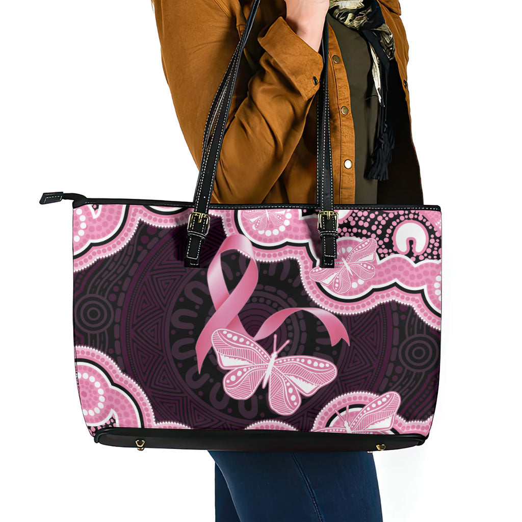 Australia Indigenous Leather Tote Bag Pink Ribbon Breast Cancer Butterfly Aboriginal Black