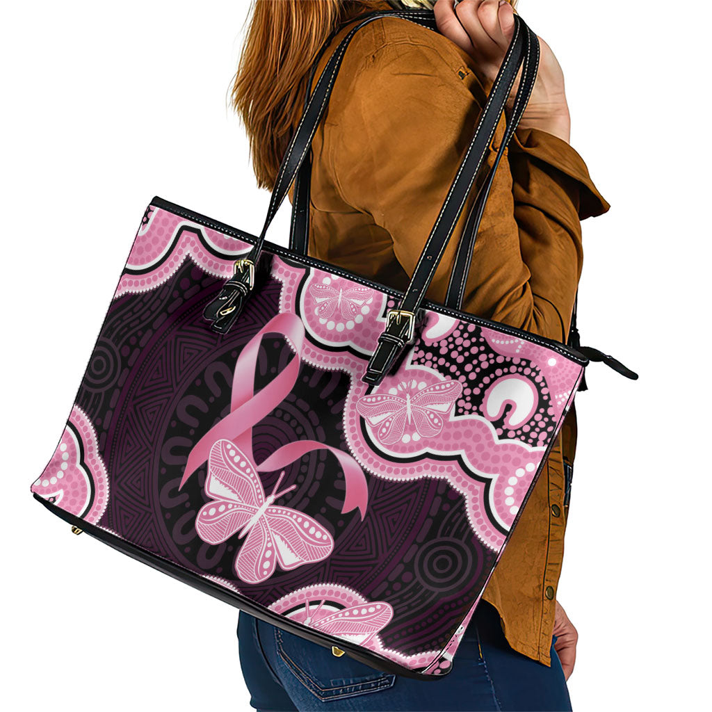 Australia Indigenous Leather Tote Bag Pink Ribbon Breast Cancer Butterfly Aboriginal Black