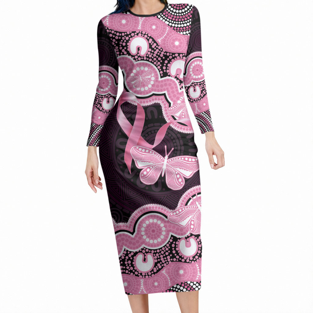 Australia Indigenous Long Sleeve Bodycon Dress Pink Ribbon Breast Cancer Butterfly Aboriginal Black