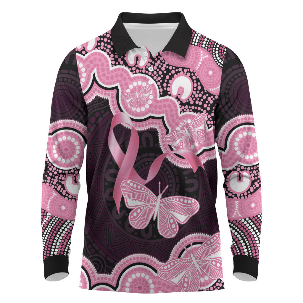 Australia Indigenous Long Sleeve Polo Shirt Pink Ribbon Breast Cancer Butterfly Aboriginal Black