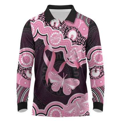 Australia Indigenous Long Sleeve Polo Shirt Pink Ribbon Breast Cancer Butterfly Aboriginal Black