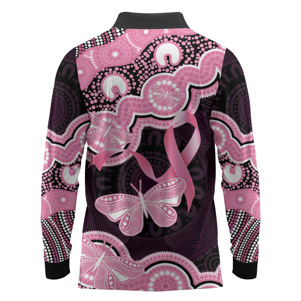 Australia Indigenous Long Sleeve Polo Shirt Pink Ribbon Breast Cancer Butterfly Aboriginal Black