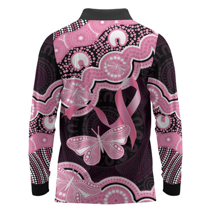Australia Indigenous Long Sleeve Polo Shirt Pink Ribbon Breast Cancer Butterfly Aboriginal Black