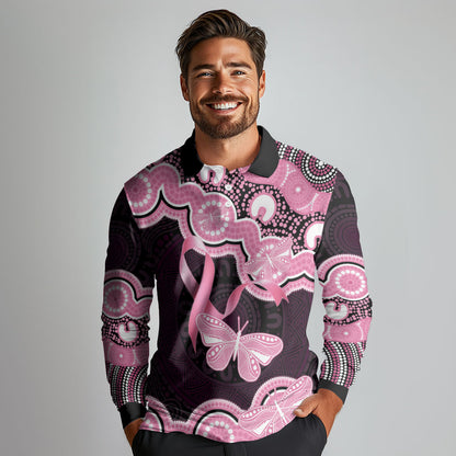 Australia Indigenous Long Sleeve Polo Shirt Pink Ribbon Breast Cancer Butterfly Aboriginal Black