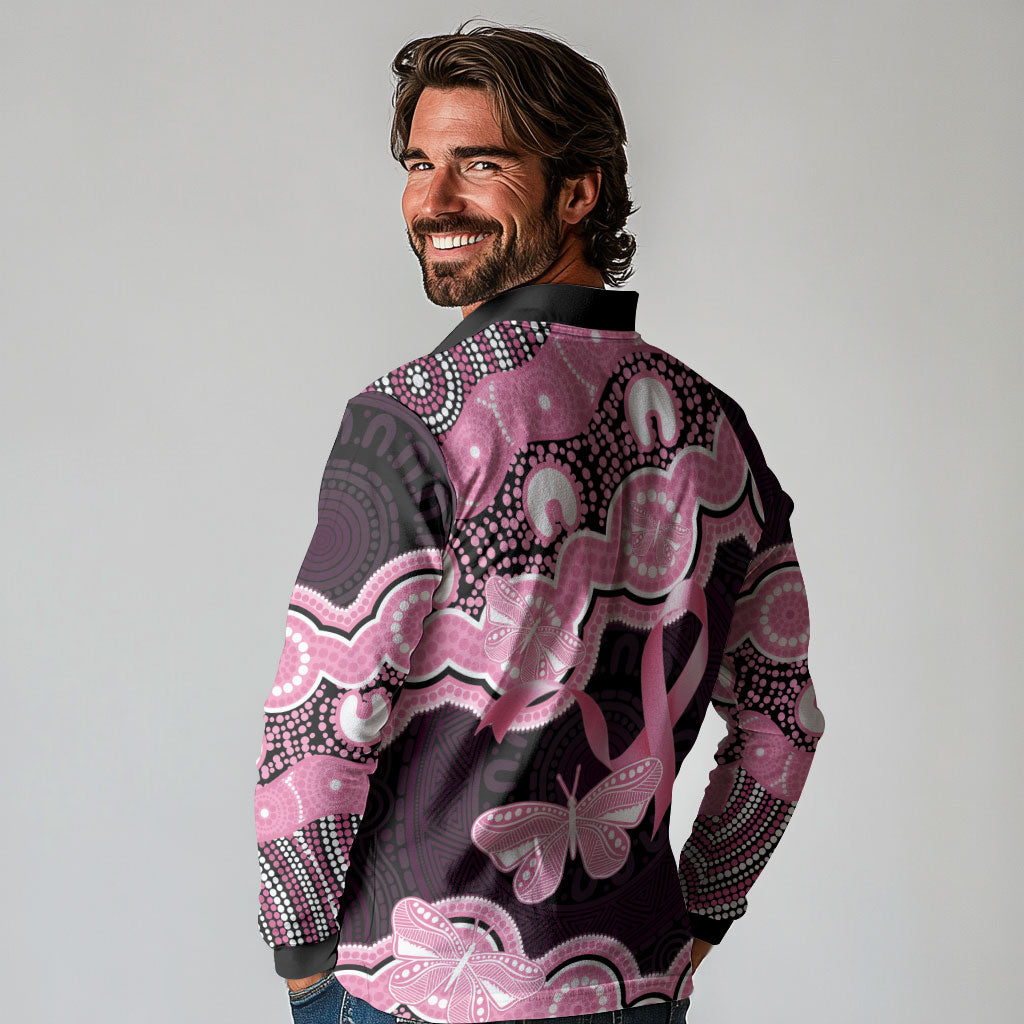 Australia Indigenous Long Sleeve Polo Shirt Pink Ribbon Breast Cancer Butterfly Aboriginal Black