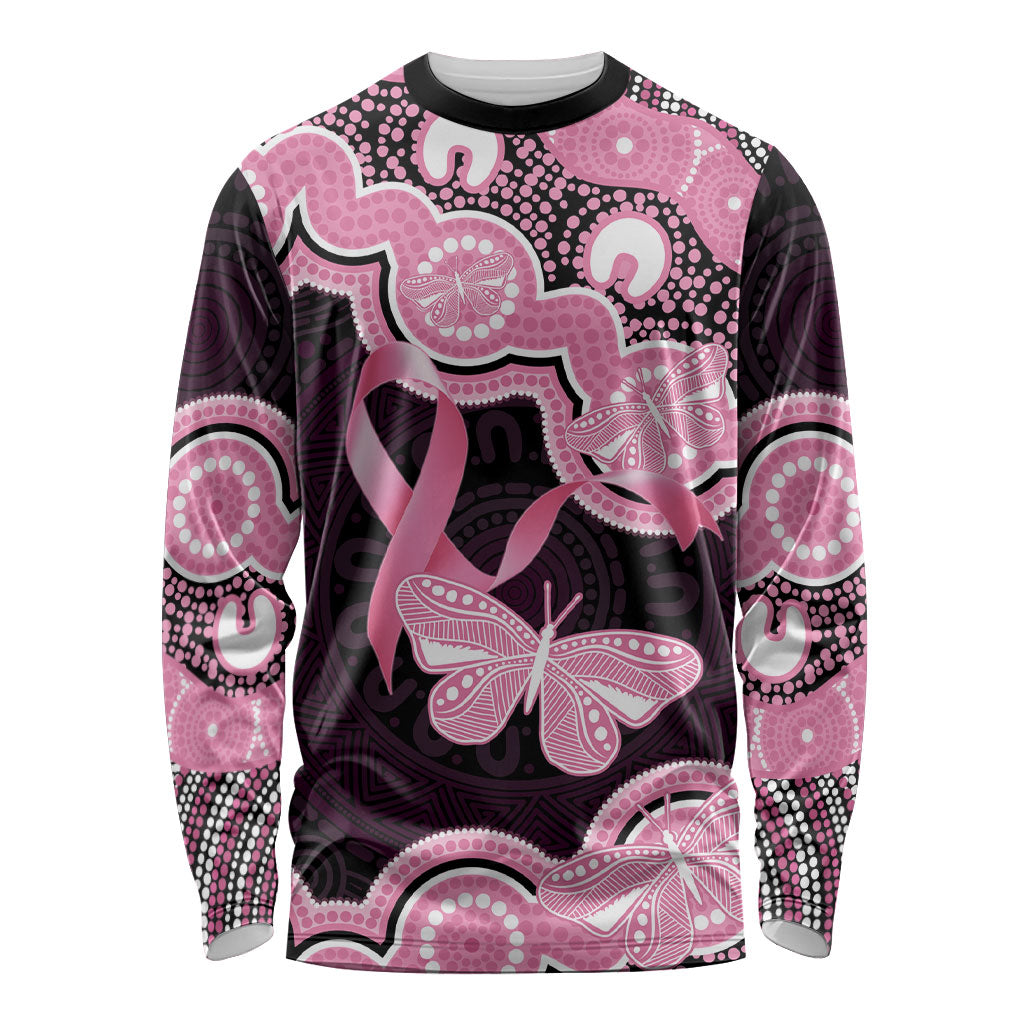 Australia Indigenous Long Sleeve Shirt Pink Ribbon Breast Cancer Butterfly Aboriginal Black