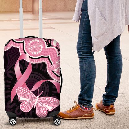 Australia Indigenous Luggage Cover Pink Ribbon Breast Cancer Butterfly Aboriginal Black