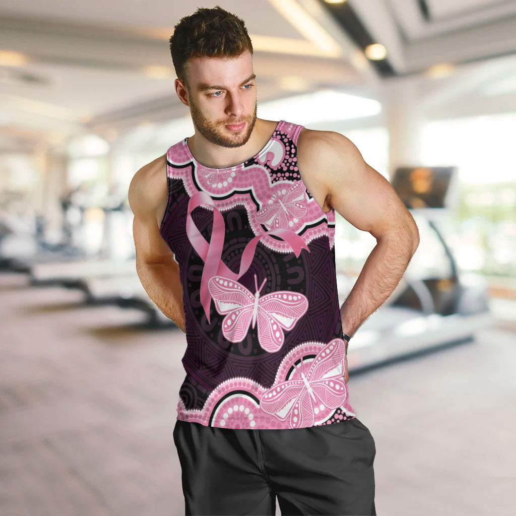 Australia Indigenous Men Tank Top Pink Ribbon Breast Cancer Butterfly Aboriginal Black