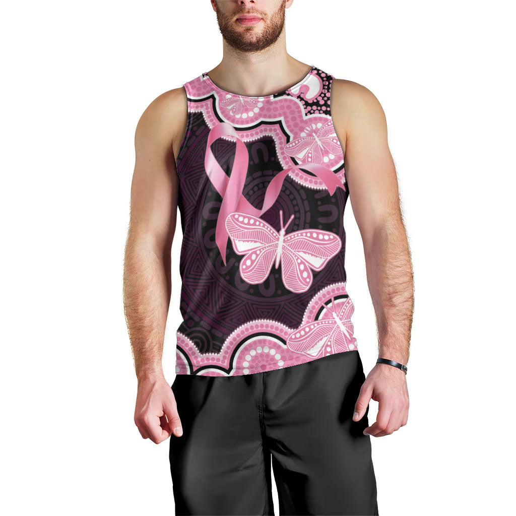 Australia Indigenous Men Tank Top Pink Ribbon Breast Cancer Butterfly Aboriginal Black