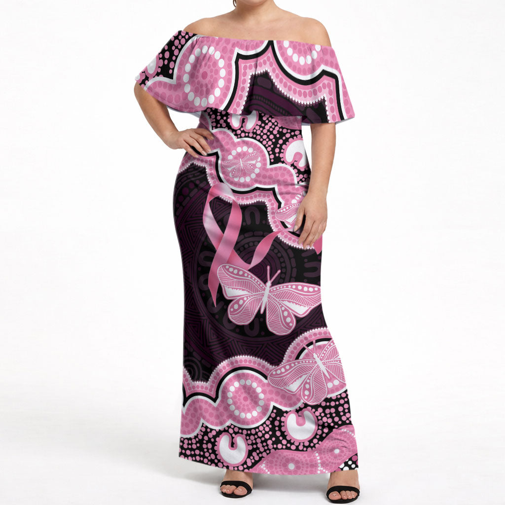 Australia Indigenous Off Shoulder Maxi Dress Pink Ribbon Breast Cancer Butterfly Aboriginal Black
