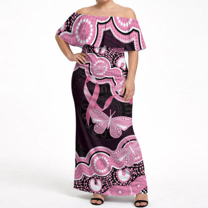 Australia Indigenous Off Shoulder Maxi Dress Pink Ribbon Breast Cancer Butterfly Aboriginal Black