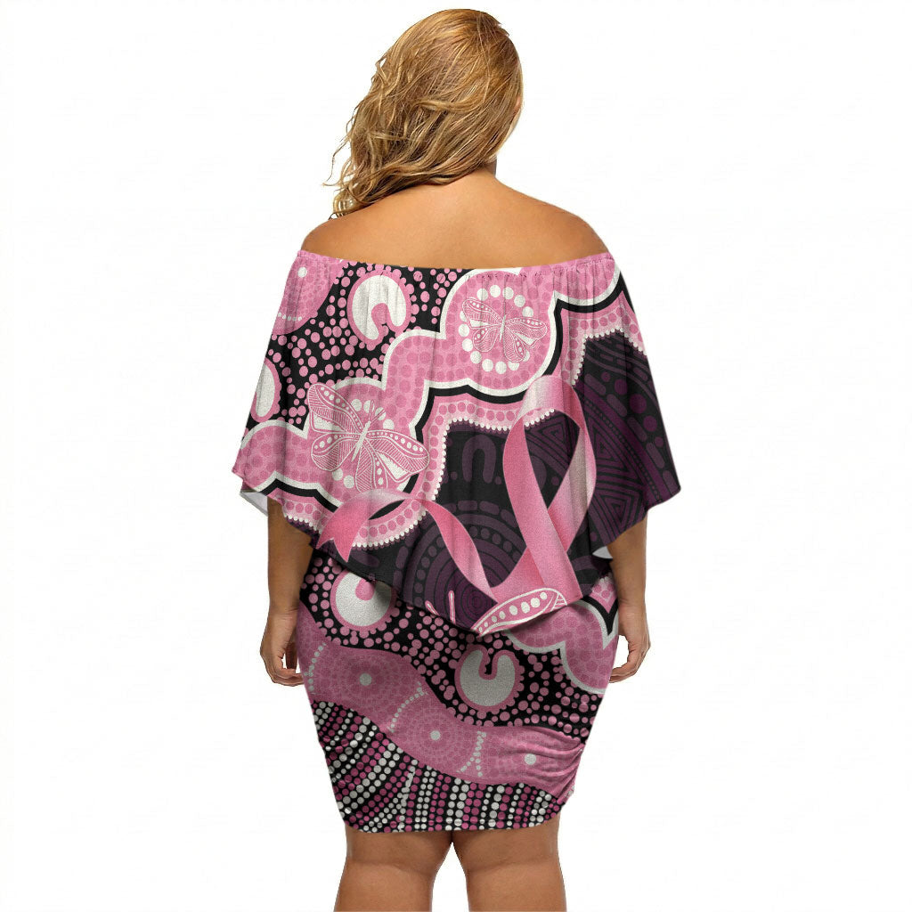 Australia Indigenous Off Shoulder Short Dress Pink Ribbon Breast Cancer Butterfly Aboriginal Black