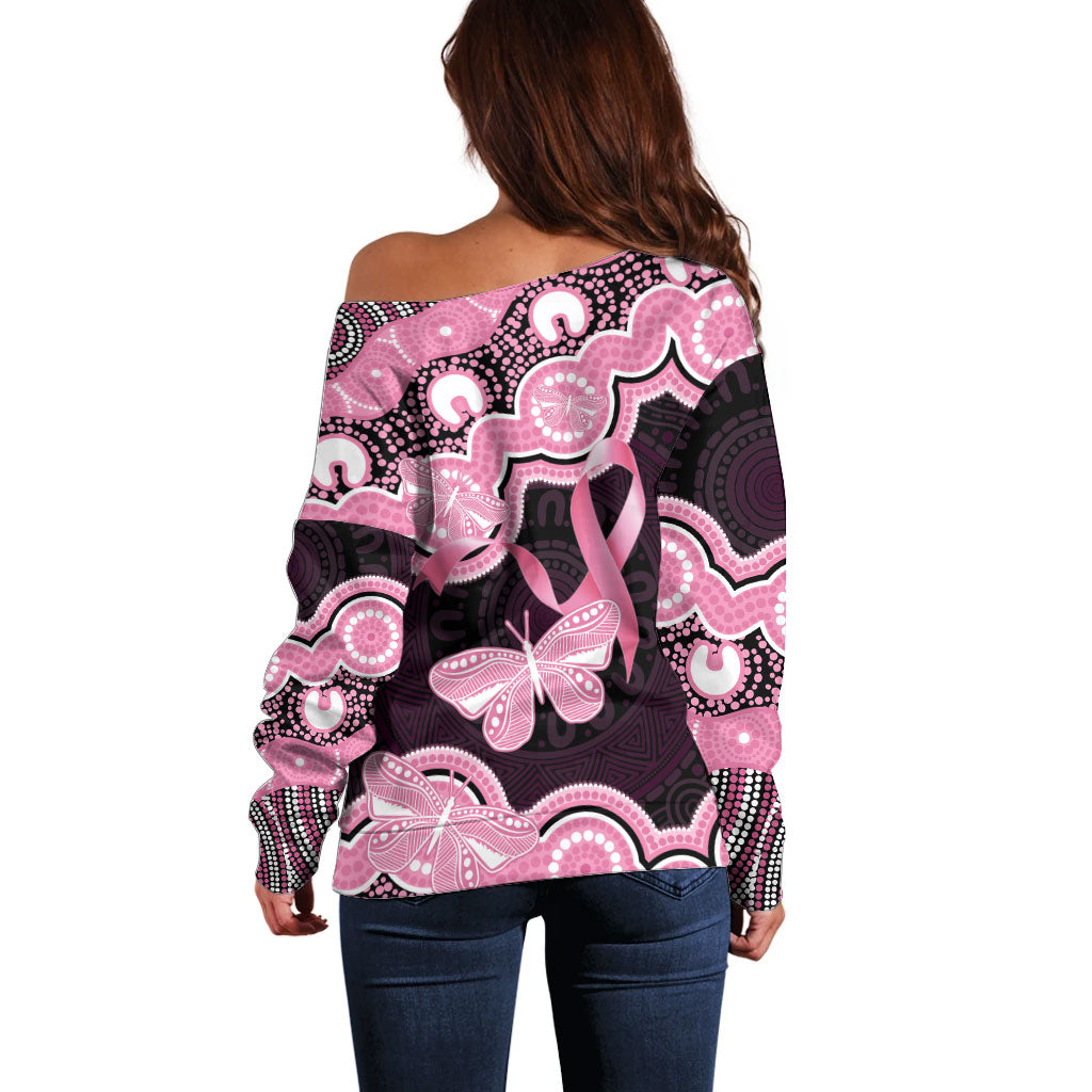 Australia Indigenous Off Shoulder Sweater Pink Ribbon Breast Cancer Butterfly Aboriginal Black