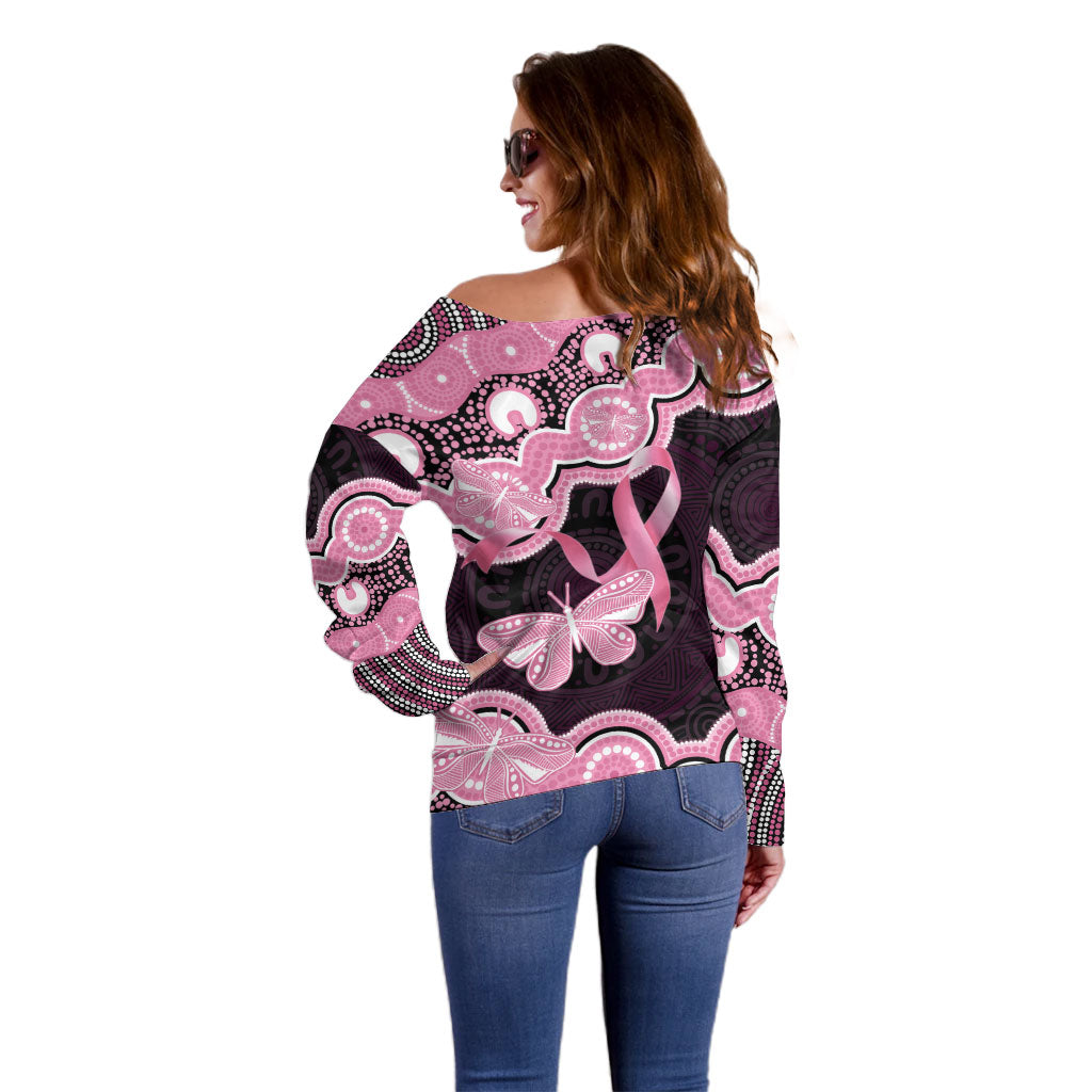 Australia Indigenous Off Shoulder Sweater Pink Ribbon Breast Cancer Butterfly Aboriginal Black