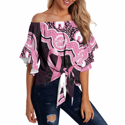 Australia Indigenous Off Shoulder Wrap Waist Top Pink Ribbon Breast Cancer Butterfly Aboriginal Black