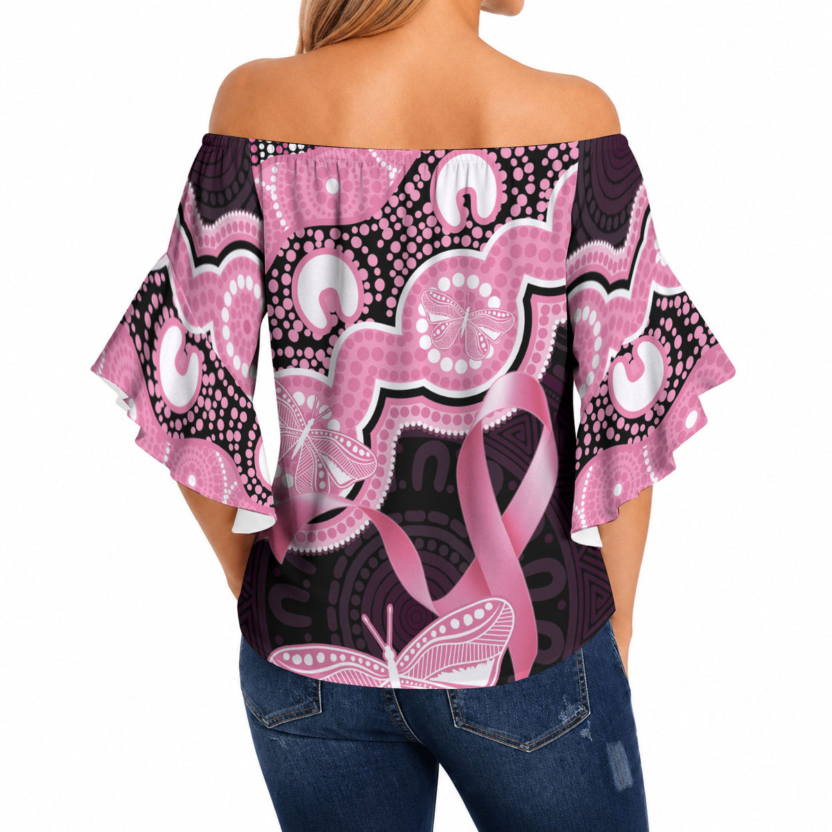 Australia Indigenous Off Shoulder Wrap Waist Top Pink Ribbon Breast Cancer Butterfly Aboriginal Black
