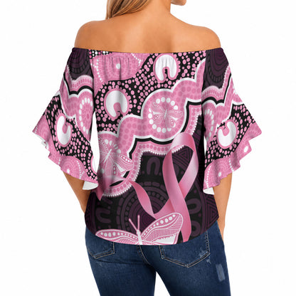 Australia Indigenous Off Shoulder Wrap Waist Top Pink Ribbon Breast Cancer Butterfly Aboriginal Black