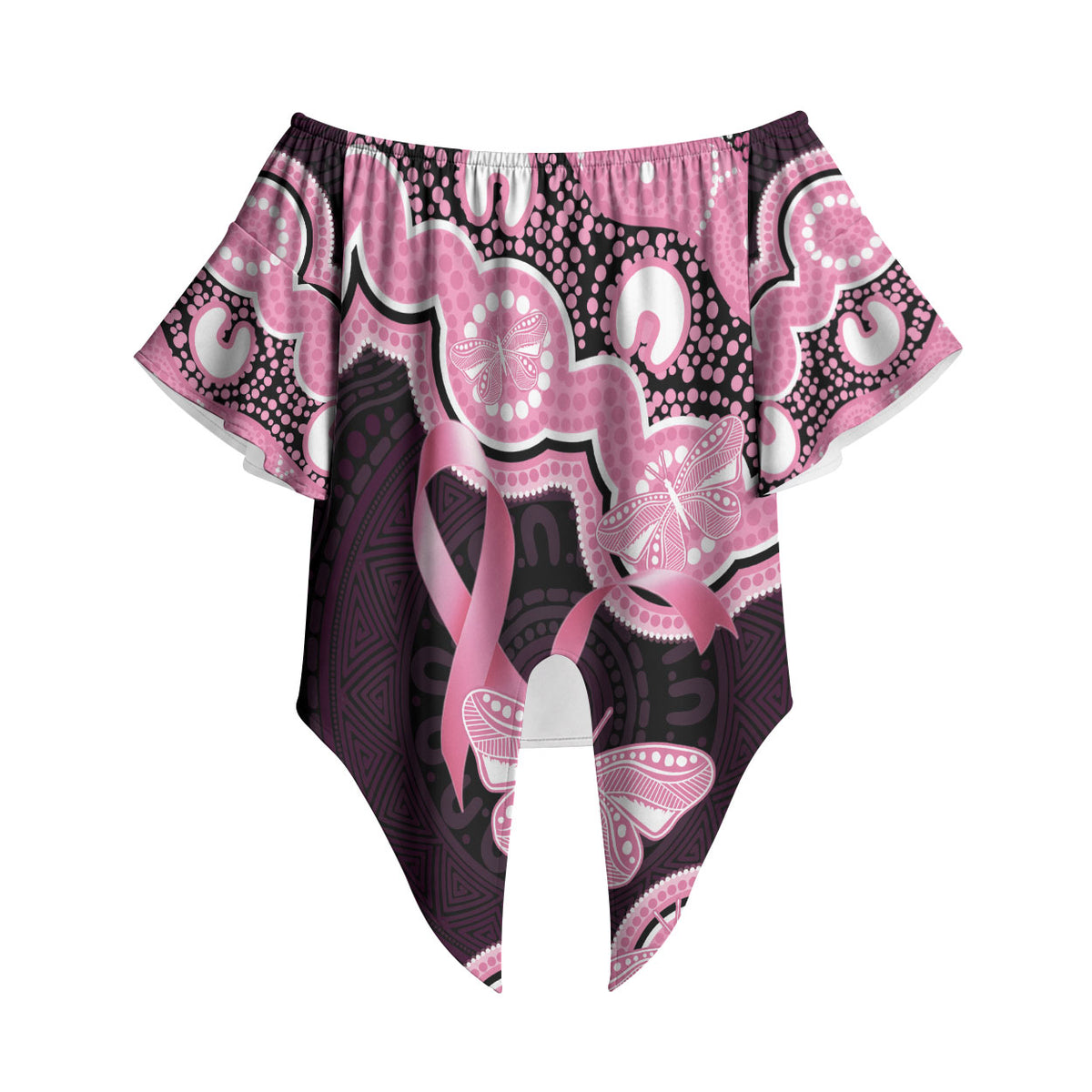 Australia Indigenous Off Shoulder Wrap Waist Top Pink Ribbon Breast Cancer Butterfly Aboriginal Black
