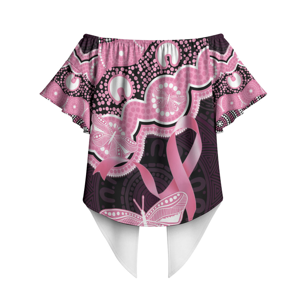Australia Indigenous Off Shoulder Wrap Waist Top Pink Ribbon Breast Cancer Butterfly Aboriginal Black
