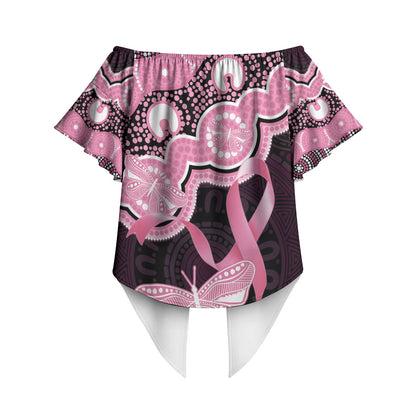 Australia Indigenous Off Shoulder Wrap Waist Top Pink Ribbon Breast Cancer Butterfly Aboriginal Black