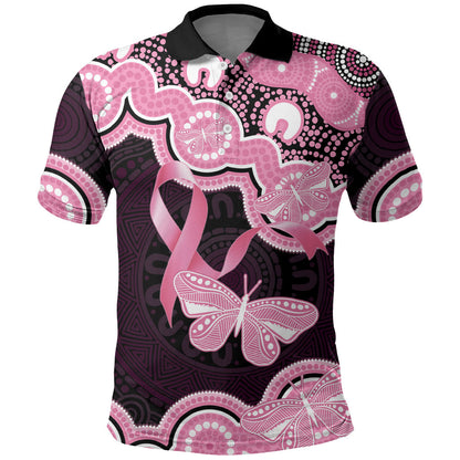 Australia Indigenous Polo Shirt Pink Ribbon Breast Cancer Butterfly Aboriginal Black