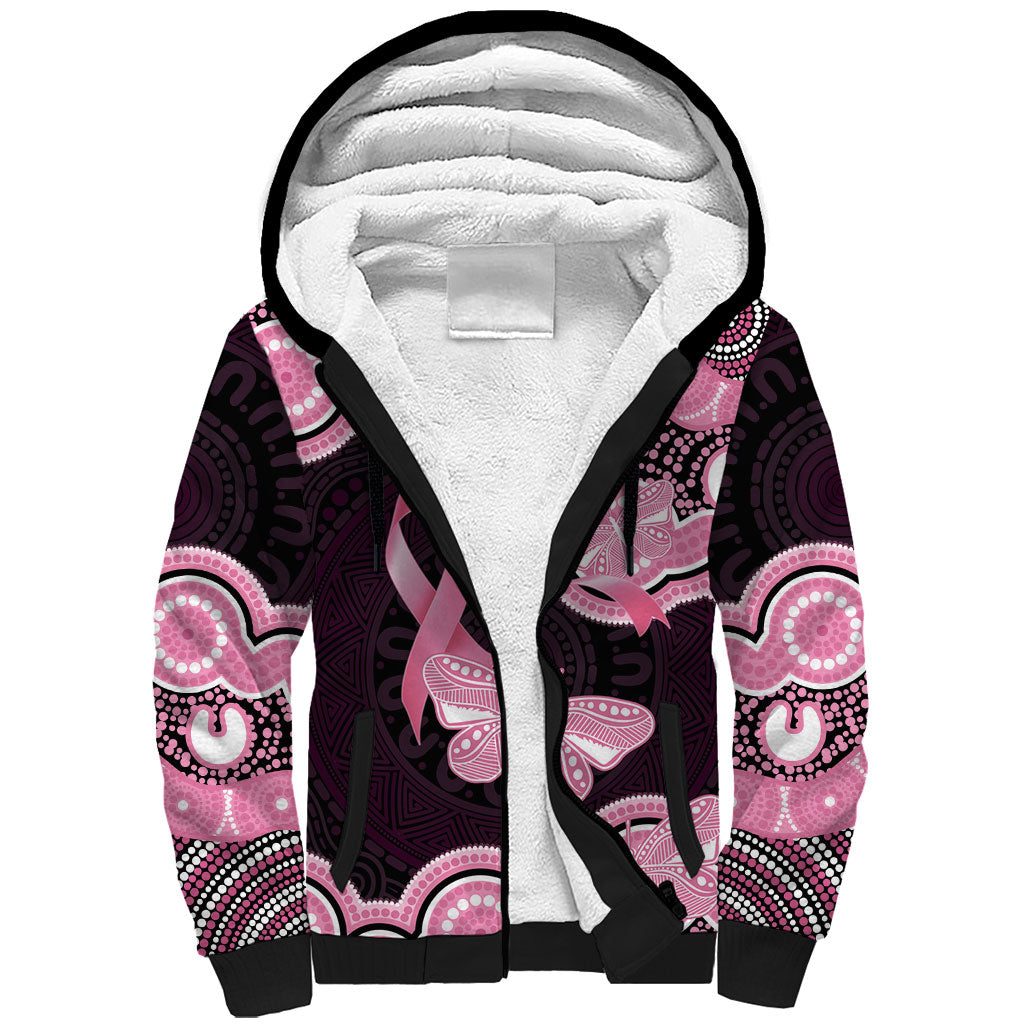 Australia Indigenous Sherpa Hoodie Pink Ribbon Breast Cancer Butterfly Aboriginal Black