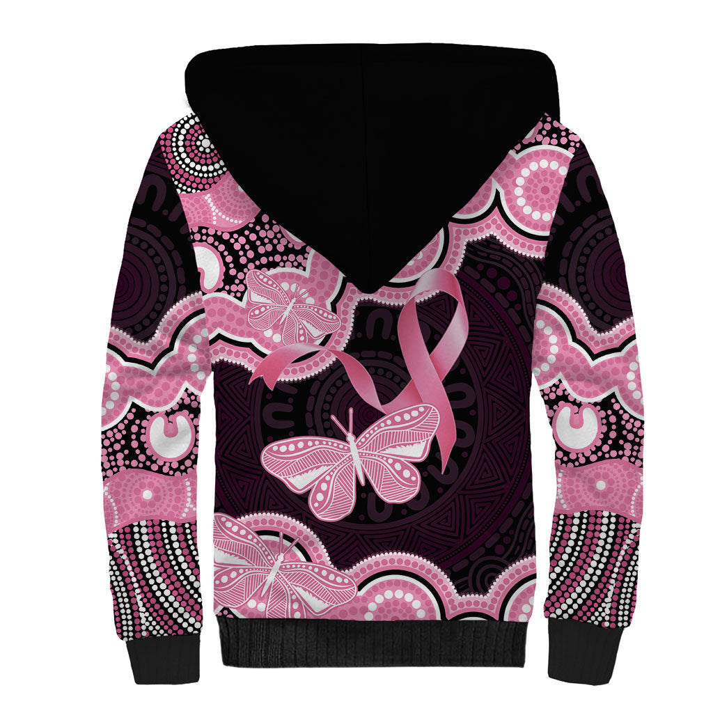 Australia Indigenous Sherpa Hoodie Pink Ribbon Breast Cancer Butterfly Aboriginal Black