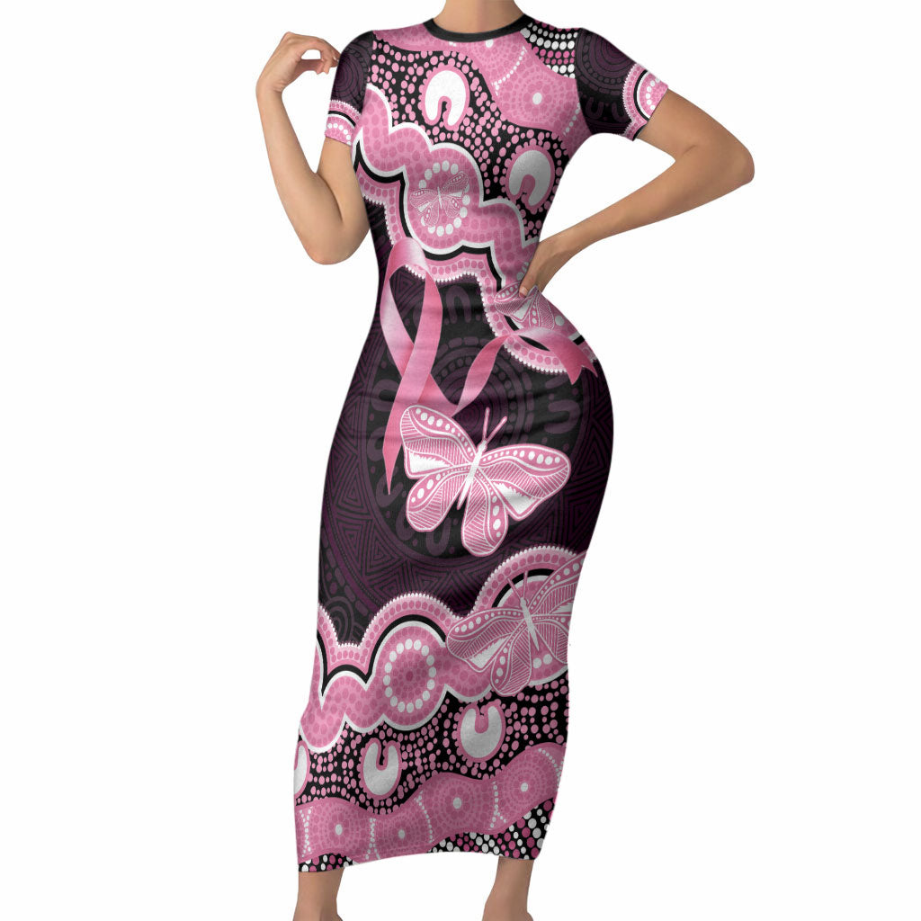 Australia Indigenous Short Sleeve Bodycon Dress Pink Ribbon Breast Cancer Butterfly Aboriginal Black