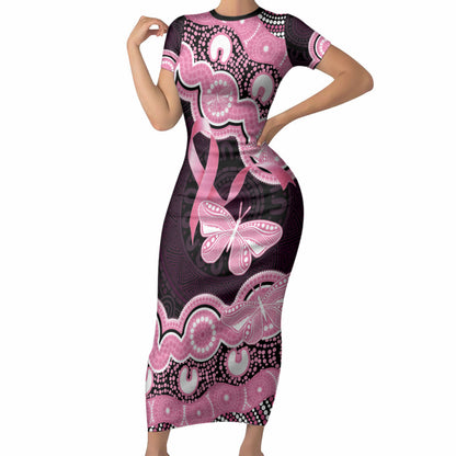 Australia Indigenous Short Sleeve Bodycon Dress Pink Ribbon Breast Cancer Butterfly Aboriginal Black