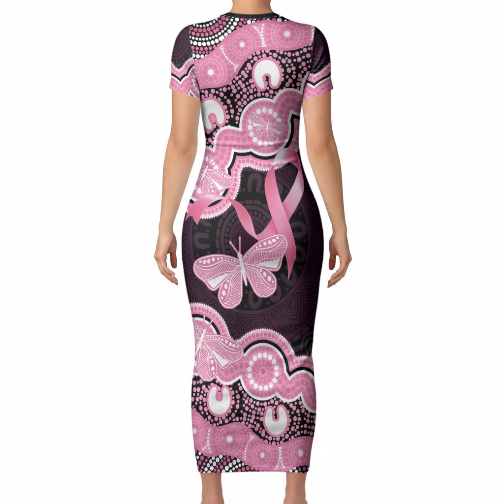 Australia Indigenous Short Sleeve Bodycon Dress Pink Ribbon Breast Cancer Butterfly Aboriginal Black