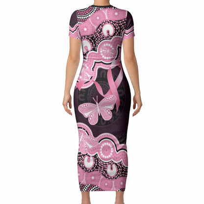 Australia Indigenous Short Sleeve Bodycon Dress Pink Ribbon Breast Cancer Butterfly Aboriginal Black