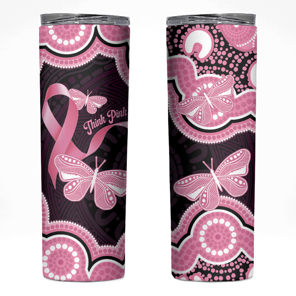 Australia Indigenous Skinny Tumbler Pink Ribbon Breast Cancer Butterfly Aboriginal Black