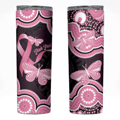 Australia Indigenous Skinny Tumbler Pink Ribbon Breast Cancer Butterfly Aboriginal Black