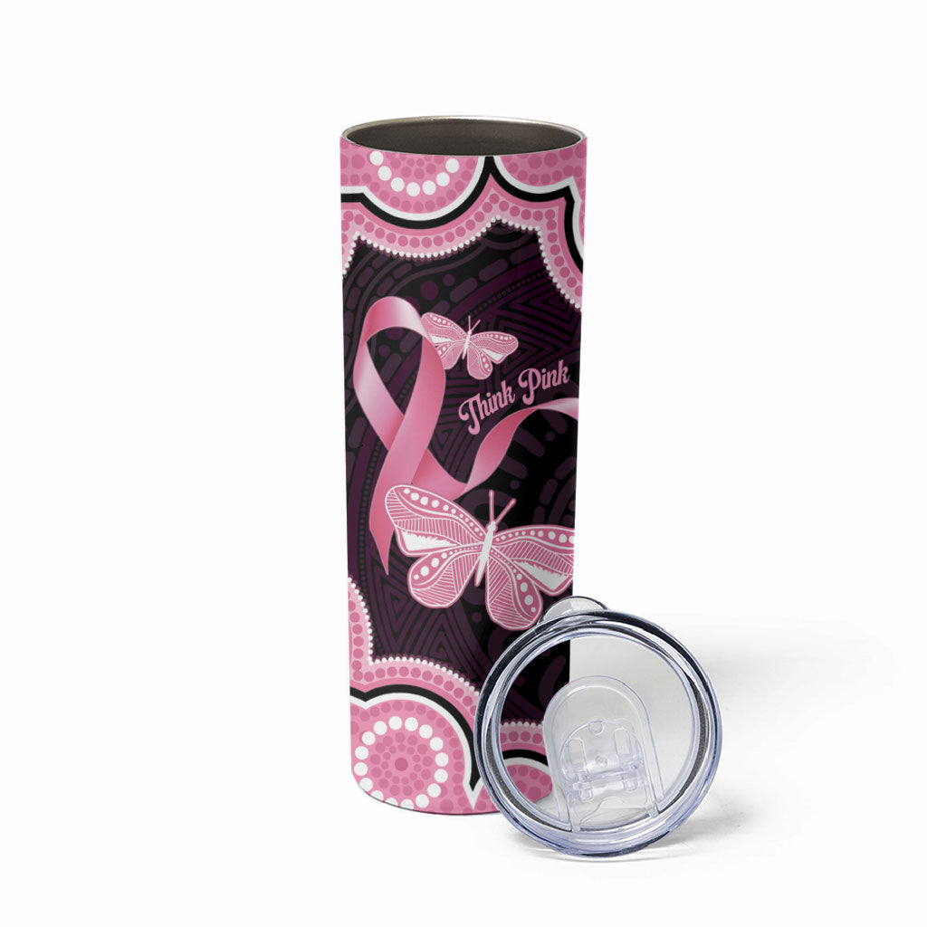 Australia Indigenous Skinny Tumbler Pink Ribbon Breast Cancer Butterfly Aboriginal Black