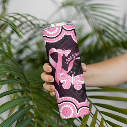 Australia Indigenous Skinny Tumbler Pink Ribbon Breast Cancer Butterfly Aboriginal Black