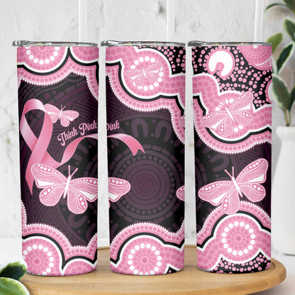 Australia Indigenous Skinny Tumbler Pink Ribbon Breast Cancer Butterfly Aboriginal Black