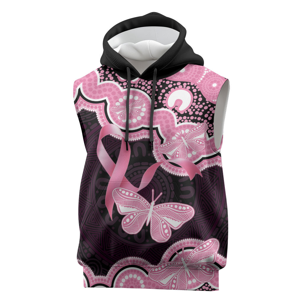Australia Indigenous Sleeveless Hoodie Pink Ribbon Breast Cancer Butterfly Aboriginal Black