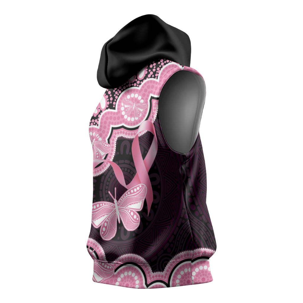 Australia Indigenous Sleeveless Hoodie Pink Ribbon Breast Cancer Butterfly Aboriginal Black