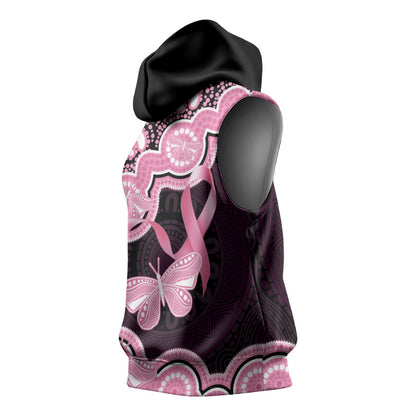 Australia Indigenous Sleeveless Hoodie Pink Ribbon Breast Cancer Butterfly Aboriginal Black