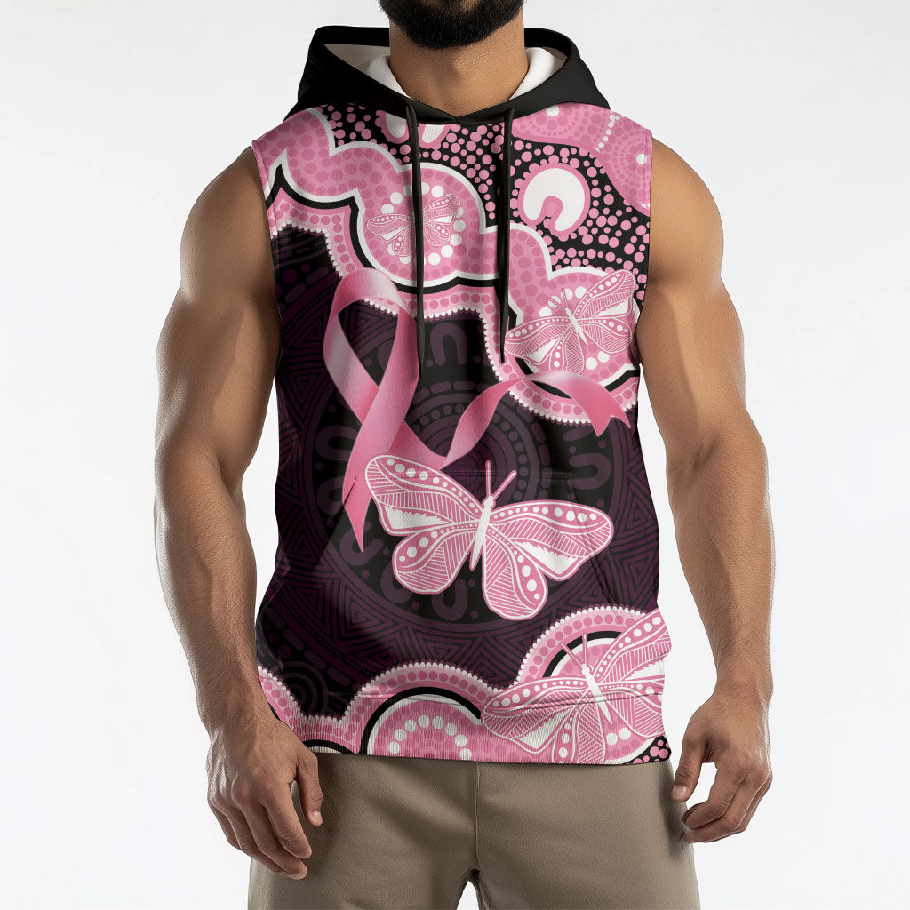 Australia Indigenous Sleeveless Hoodie Pink Ribbon Breast Cancer Butterfly Aboriginal Black
