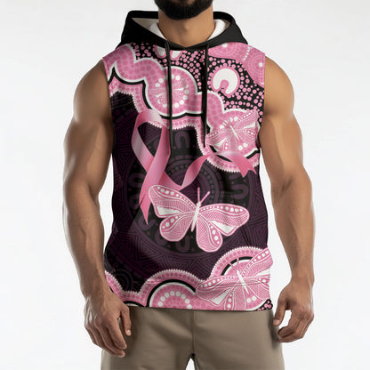 Australia Indigenous Sleeveless Hoodie Pink Ribbon Breast Cancer Butterfly Aboriginal Black