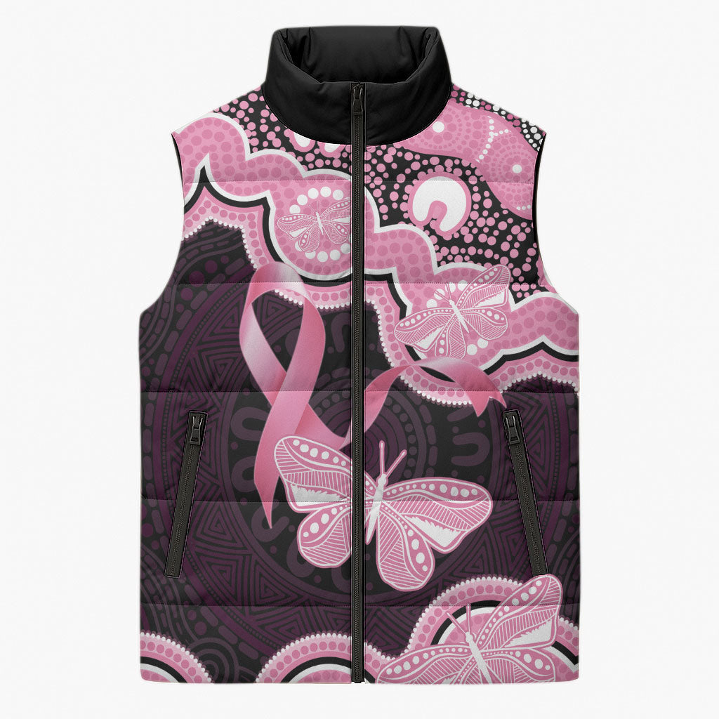 Australia Indigenous Sleeveless Puffer Jacket Pink Ribbon Breast Cancer Butterfly Aboriginal Black