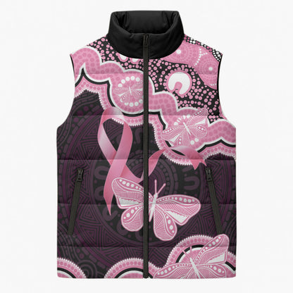 Australia Indigenous Sleeveless Puffer Jacket Pink Ribbon Breast Cancer Butterfly Aboriginal Black