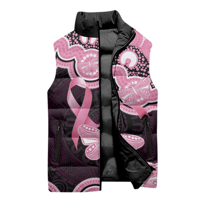 Australia Indigenous Sleeveless Puffer Jacket Pink Ribbon Breast Cancer Butterfly Aboriginal Black