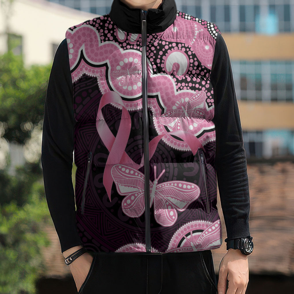 Australia Indigenous Sleeveless Puffer Jacket Pink Ribbon Breast Cancer Butterfly Aboriginal Black