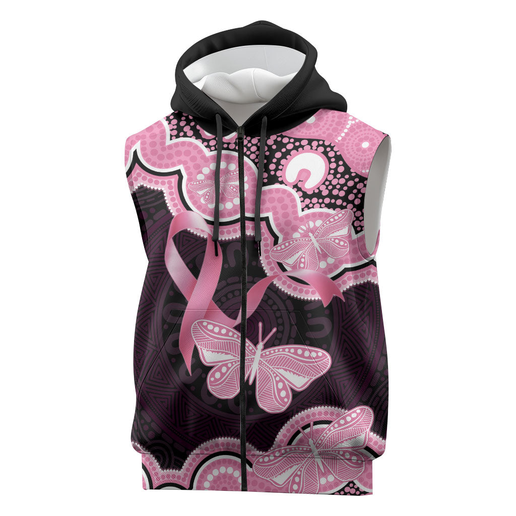 Australia Indigenous Sleeveless Zip Hoodie Pink Ribbon Breast Cancer Butterfly Aboriginal Black