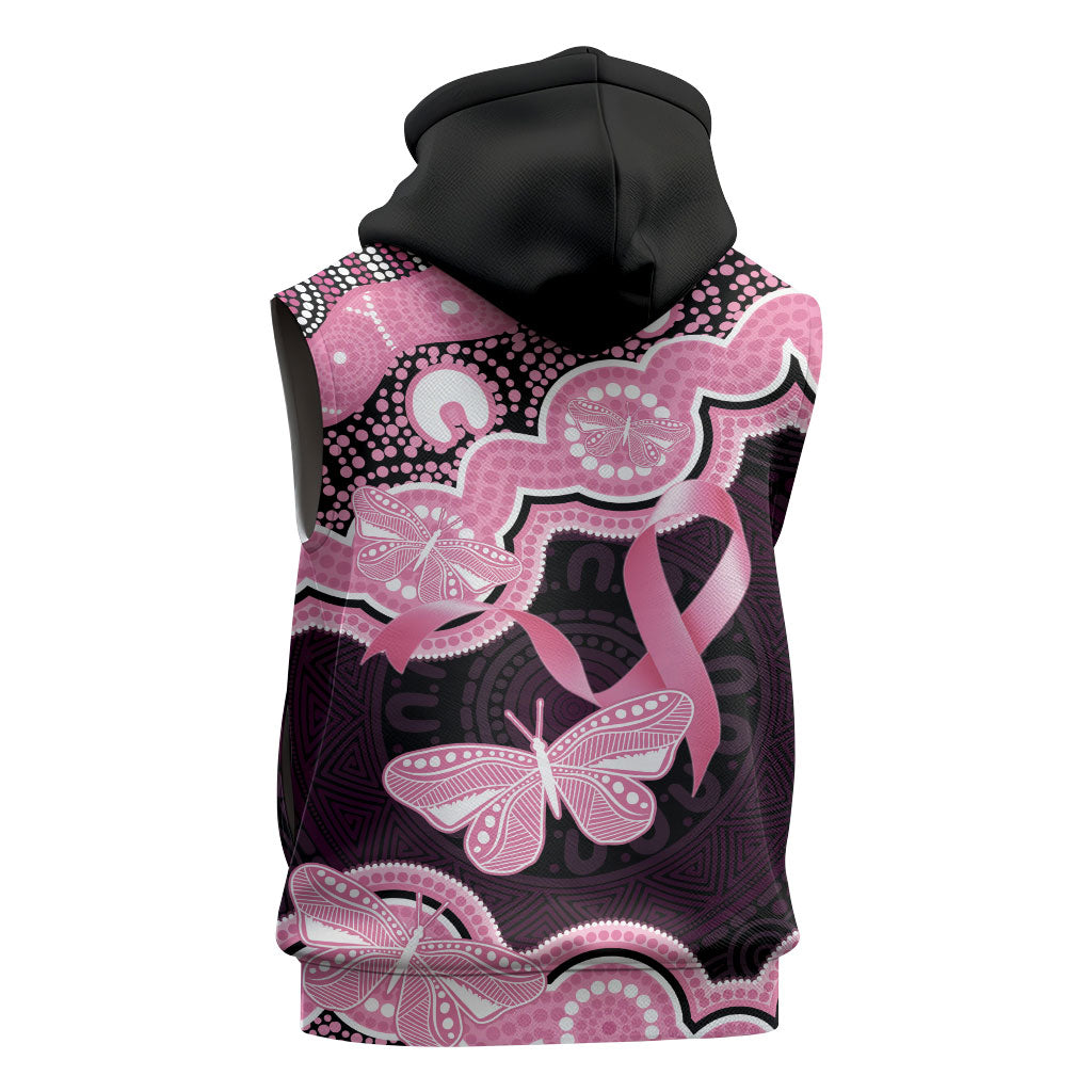 Australia Indigenous Sleeveless Zip Hoodie Pink Ribbon Breast Cancer Butterfly Aboriginal Black