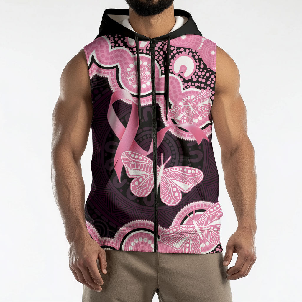 Australia Indigenous Sleeveless Zip Hoodie Pink Ribbon Breast Cancer Butterfly Aboriginal Black