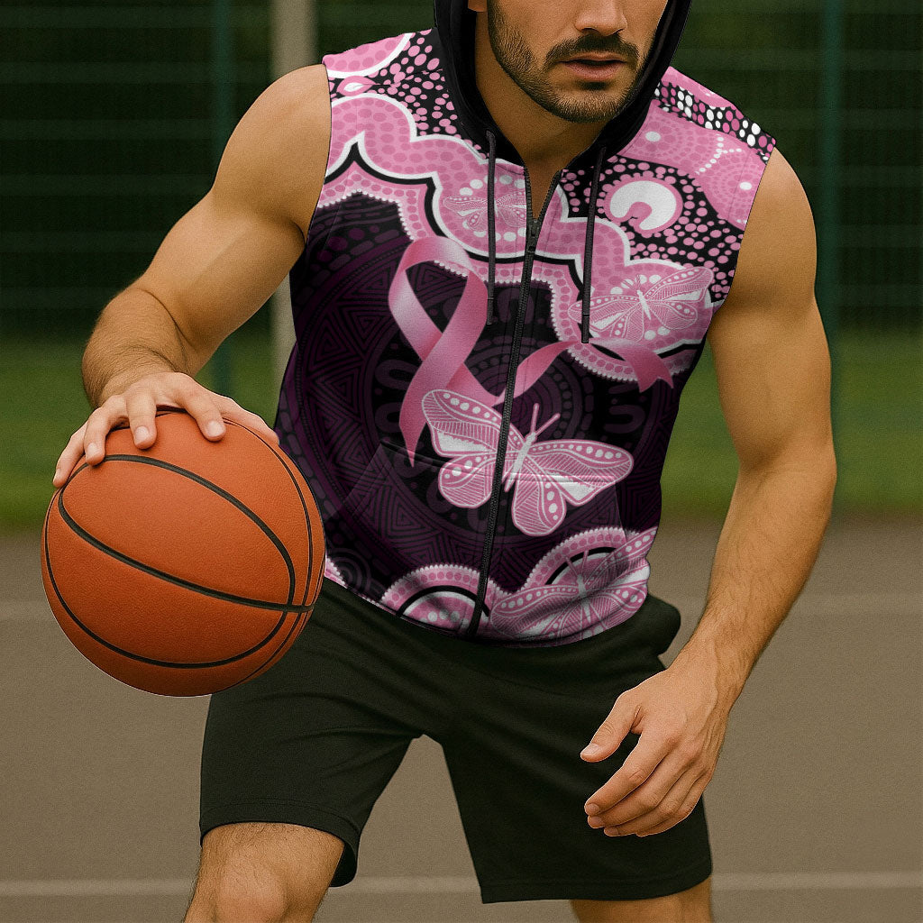 Australia Indigenous Sleeveless Zip Hoodie Pink Ribbon Breast Cancer Butterfly Aboriginal Black