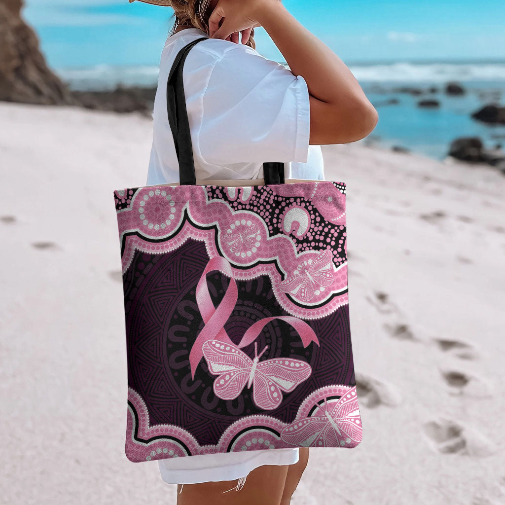 Australia Indigenous Tote Bag Pink Ribbon Breast Cancer Butterfly Aboriginal Black